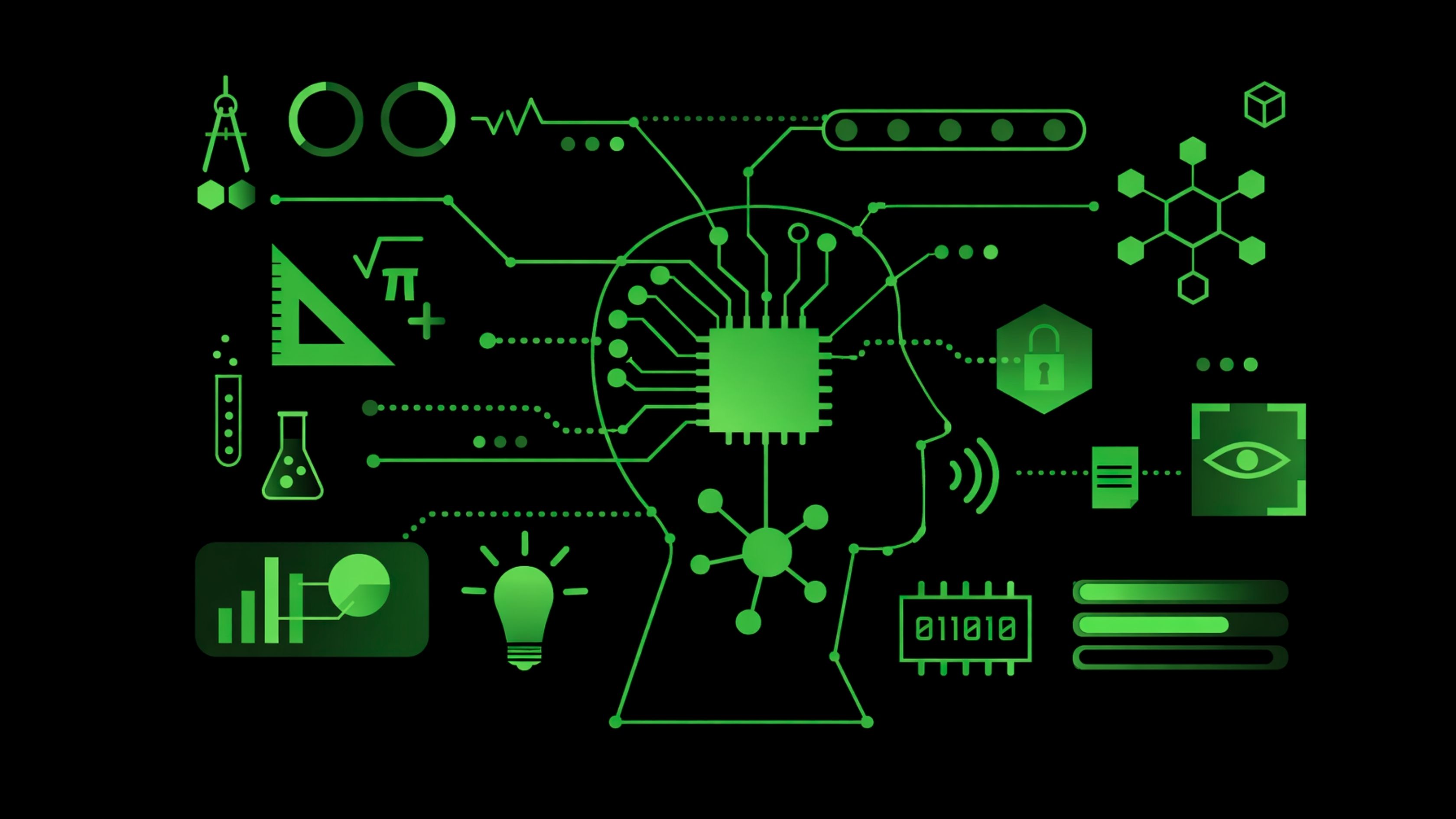 AI knowledge graph connecting central processor to various domain icons