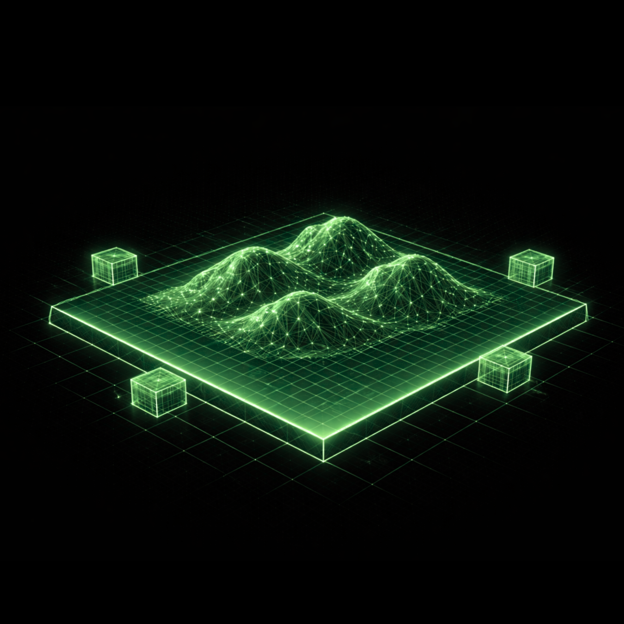 Defence terrain visualization showing 3D data topography on a glowing green grid