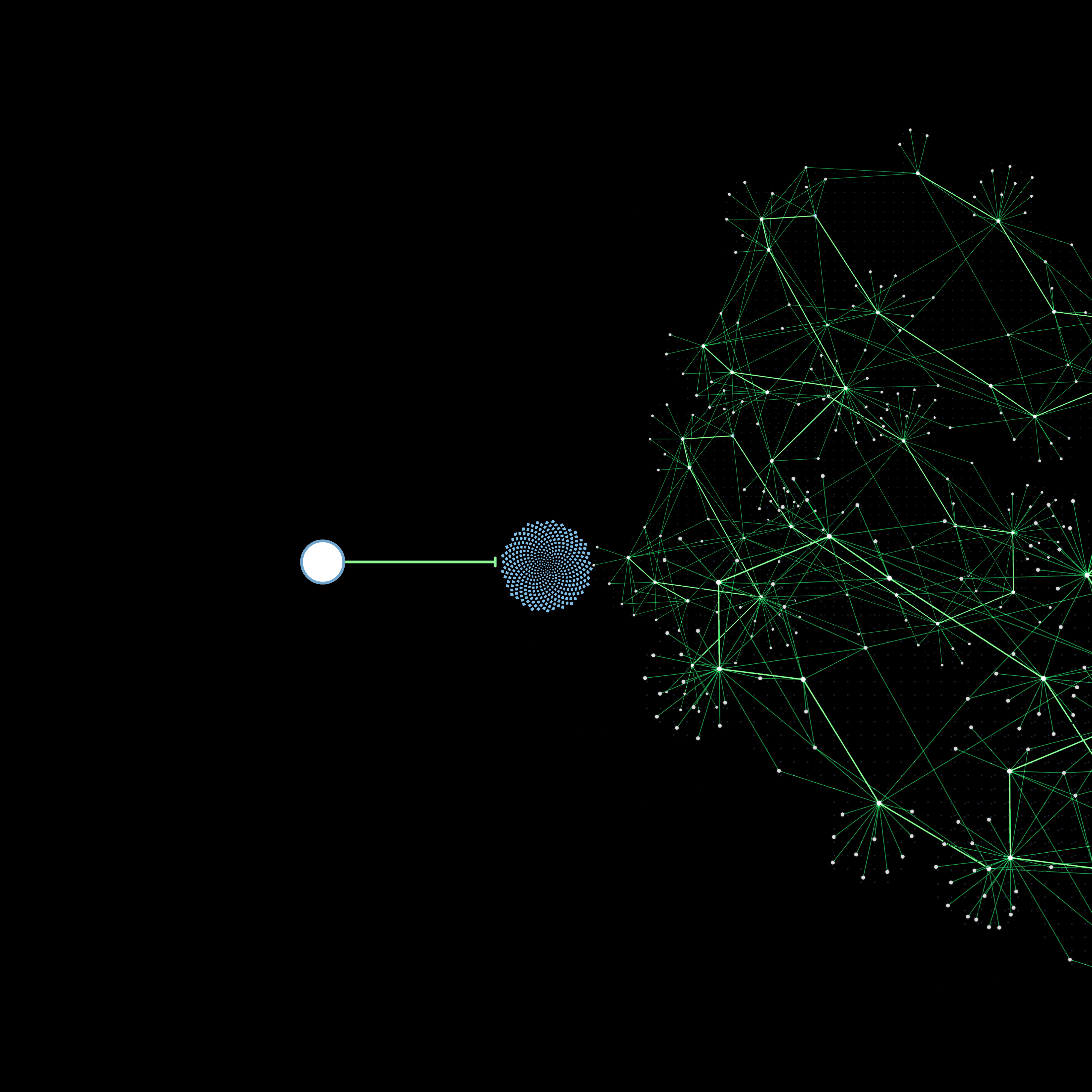 Intelligence network expansion showing single node connecting to cluster that expands into complex network