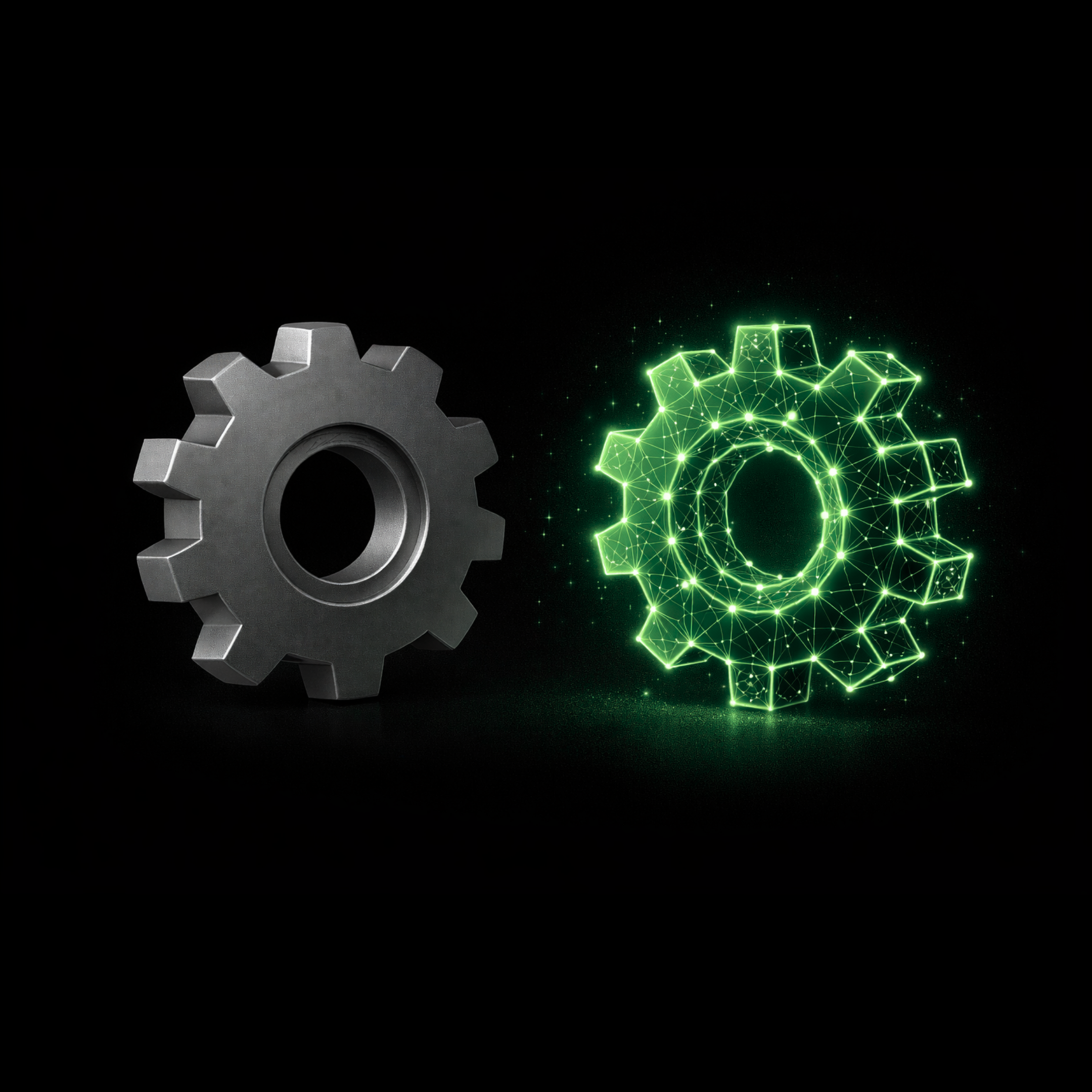 Digital twin visualization showing physical gear transforming to network gear