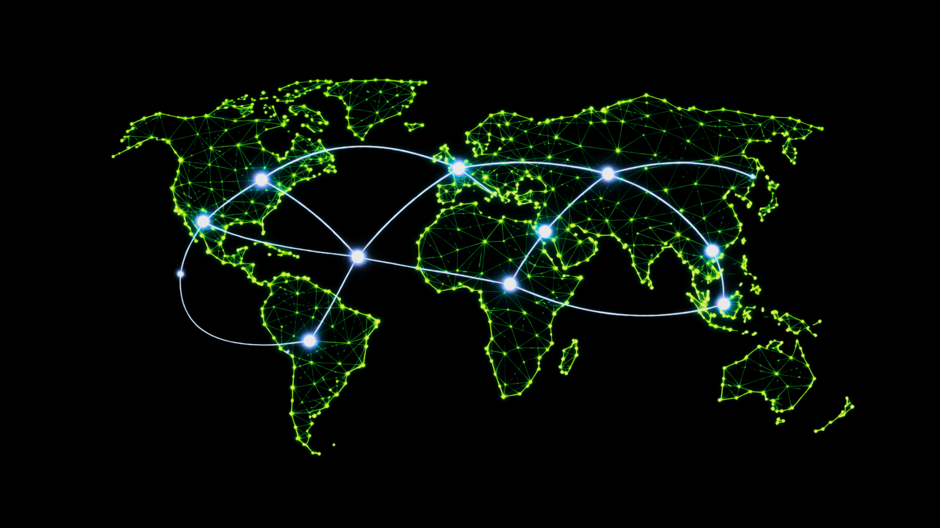 Global supply chain network showing interconnected nodes across a world map with shipping routes