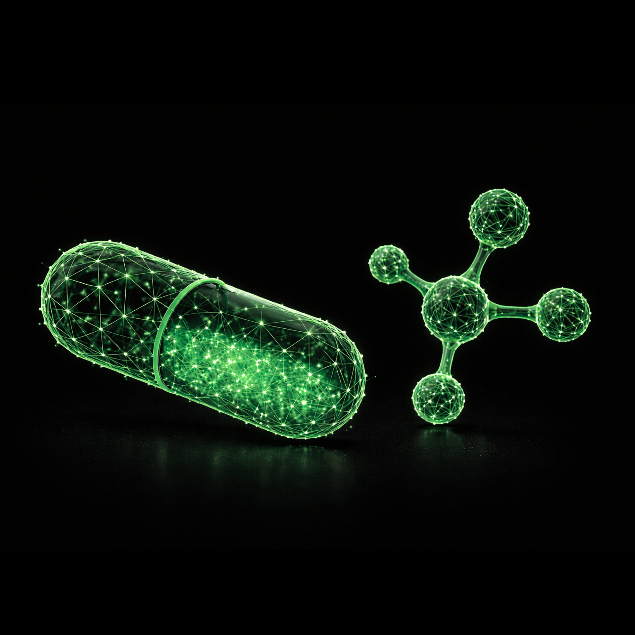 Wireframe visualization of pharmaceutical capsule and molecular structure