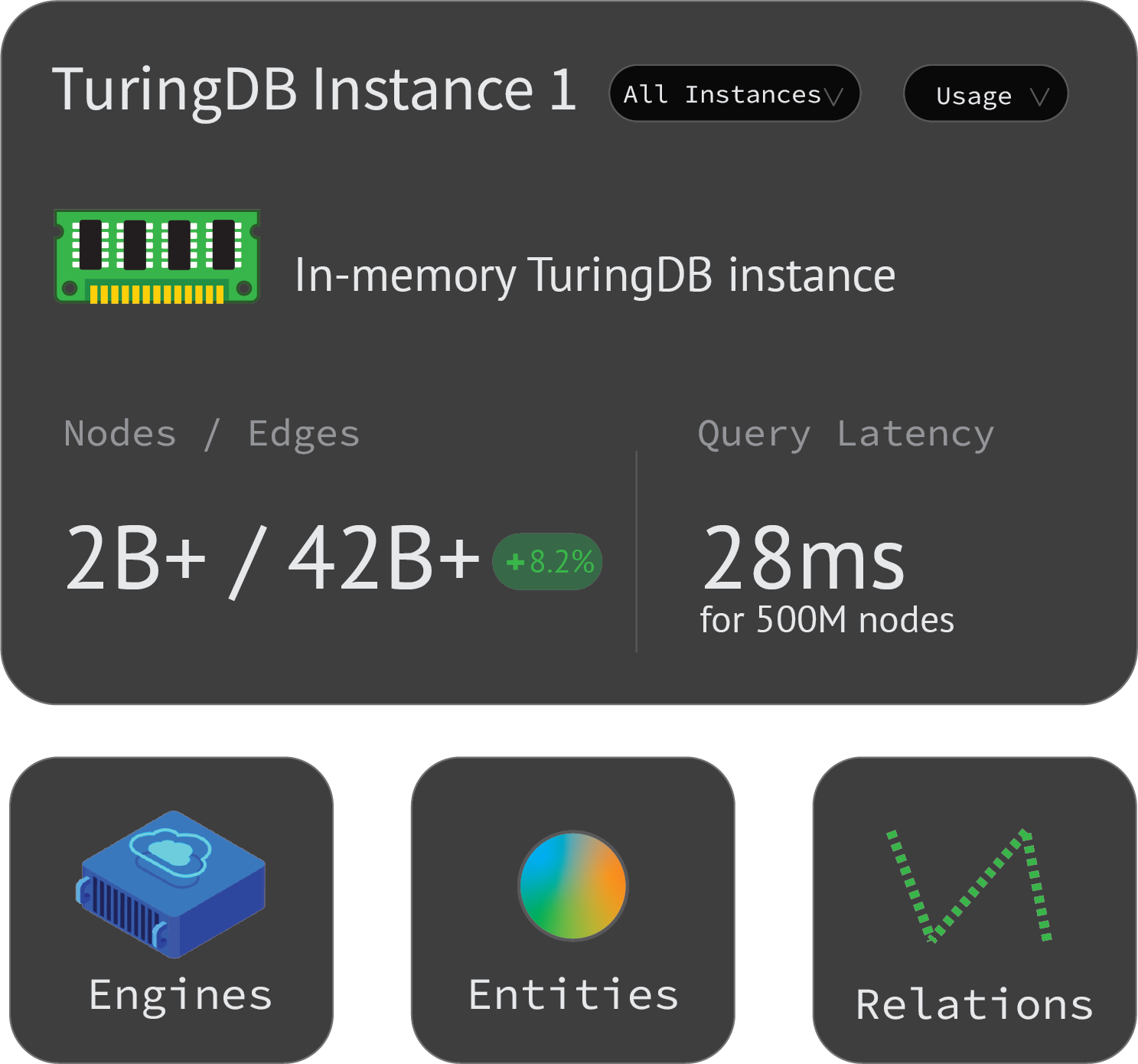 TuringDB In-Memory Instance Dashboard showing 2B+ nodes, 42B+ edges, and 28ms query latency for 500M nodes